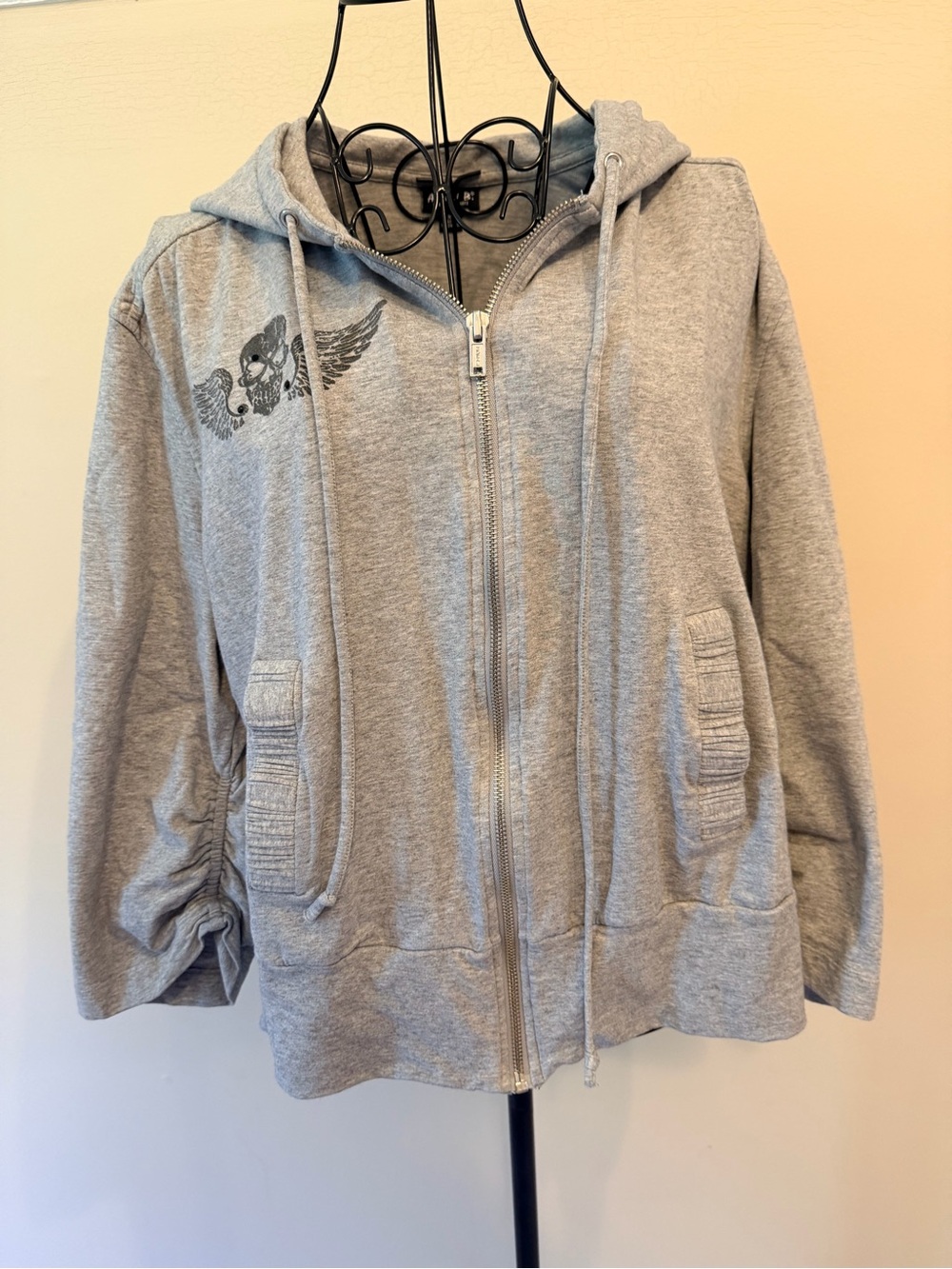 Allen B by Allen Schwartz Womans Gray Fleece Full Zip 3/4 Sleeve Hoodie Skull XL